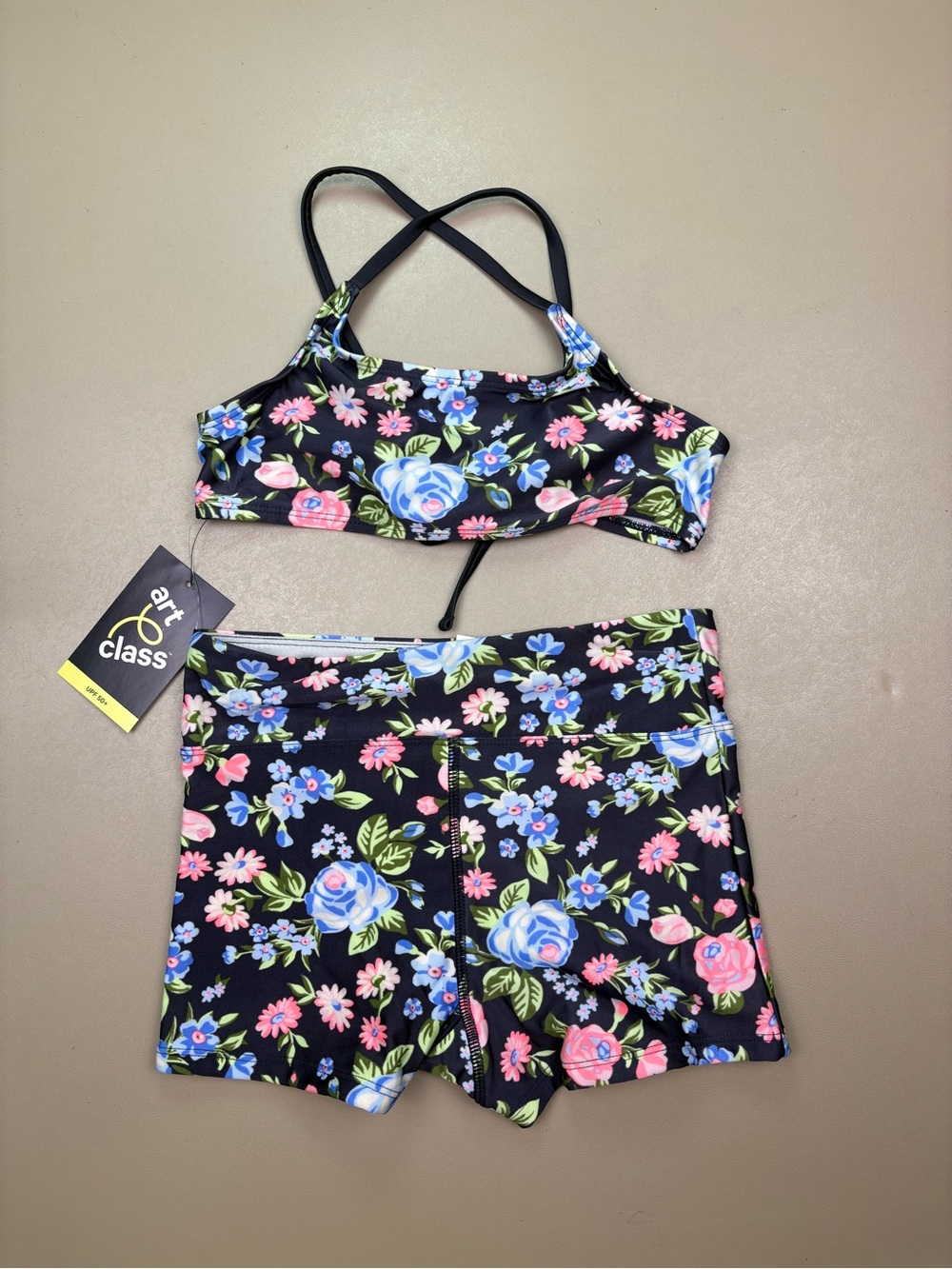 Art Class Floral Bikini Set Girls Medium 8 Black UPF 50+ NWT